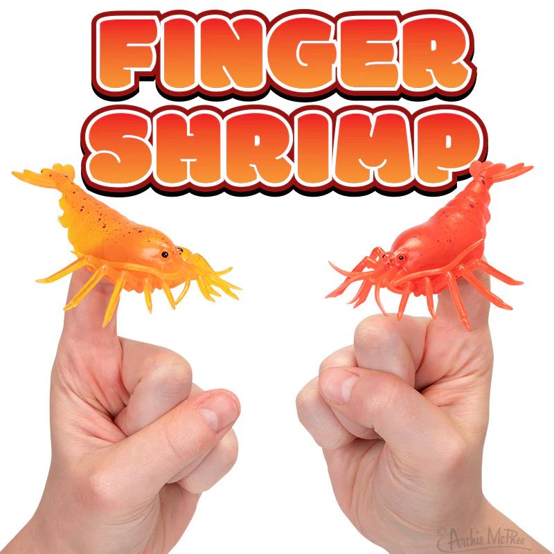 Two hands, each with a shrimp-shaped finger puppet on the tip of a finger. One is light orange and one is dark orange. Text says, "Finger Shrimp"