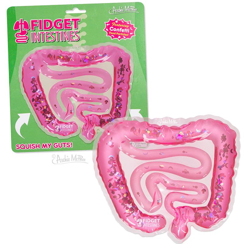 A fidget toy shaped like intestines. It is filled with pink liquid and food particles. 