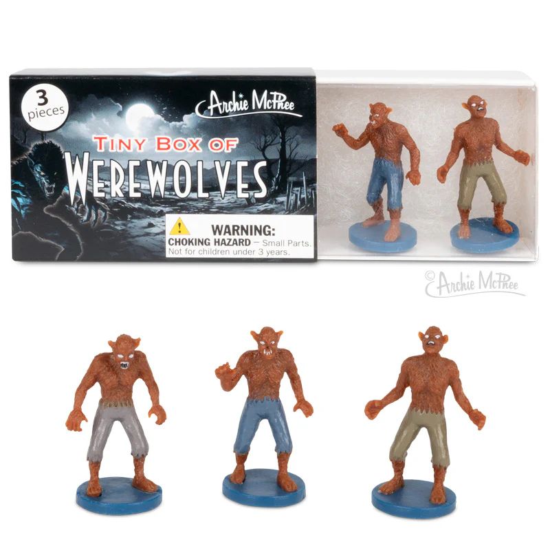 A small packaging labeled "Tiny Box of Werewolves" contains three miniature werewolf figurines. Each figure has a different pose, featuring furry bodies, distinct facial expressions, and various styles of shorts. 