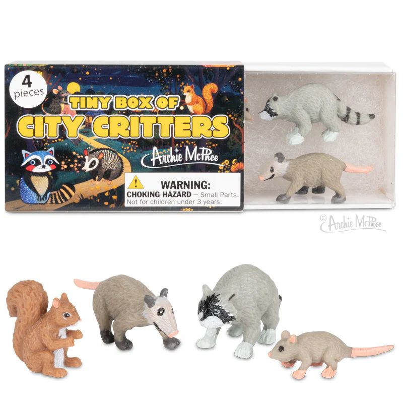 A box labeled "Tiny Box of City Critters" contains four miniature animal figurines: a raccoon, a squirrel, an opossum, and a rat. 