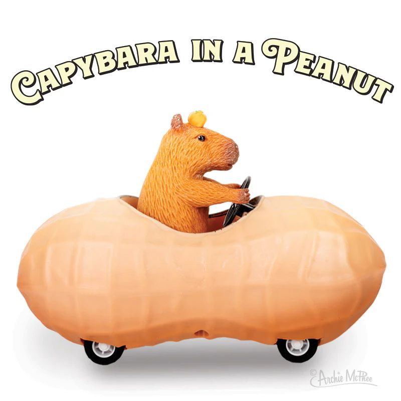 A toy peanut car driven by a capybara with an orange on its head. 