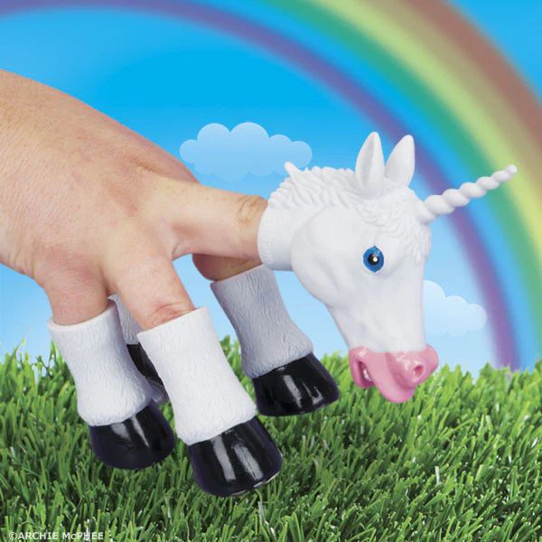 A hand with  the parts of a unicorn on the fingers, effectively turning it into a unicorn. It is walking on grass with a rainbow in the background. 