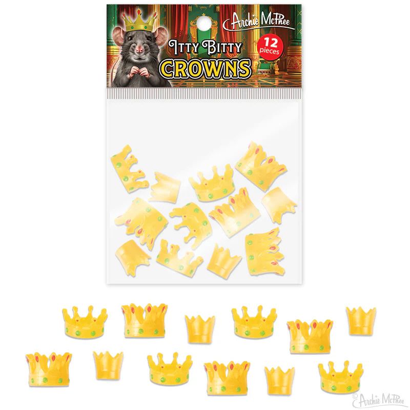 A set of 12 tiny crowns in a gold color. There is a package of them in the background. On the package it says, Itty Bitty Crowns and there is a mouse in a crown. 