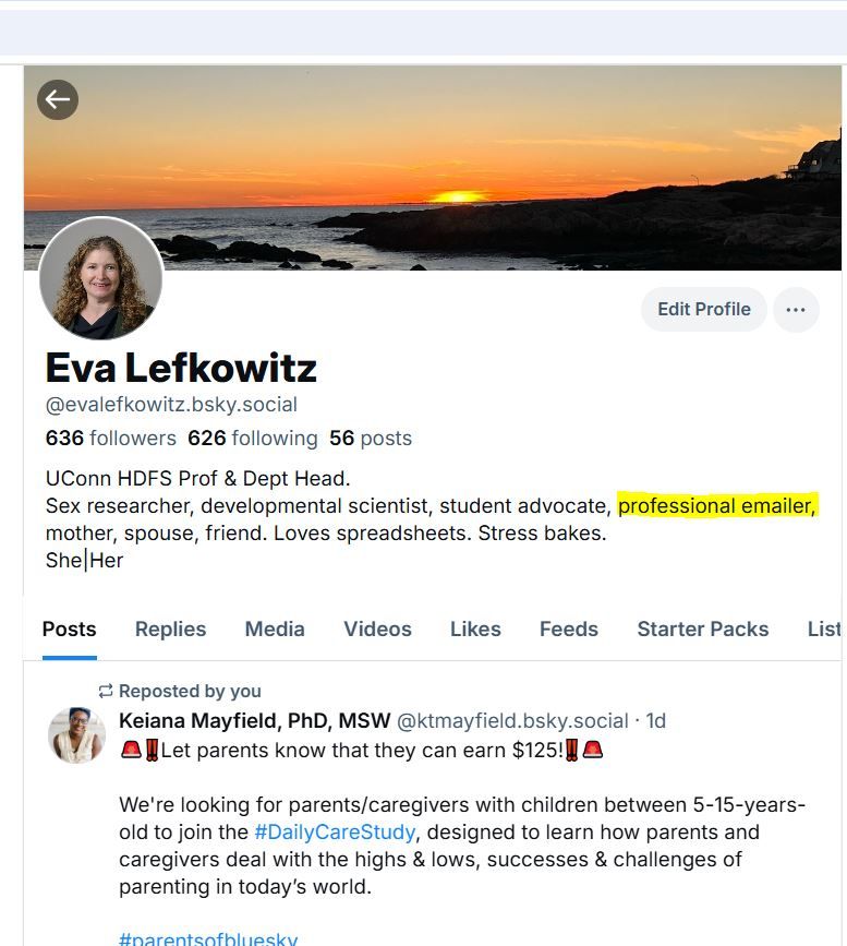 Screen shot of Eva Lefkowitz's bluesky description, including Photo of Eva Lefkowitz, photo of sunset over the ocean, and the following text: "UConn HDFS Prof & Dept Head.
Sex researcher, developmental scientist, student advocate, professional emailer, mother, spouse, friend. Loves spreadsheets. Stress bakes. 
She/Her"
"Professional emailer" is highlighted in yellow. 