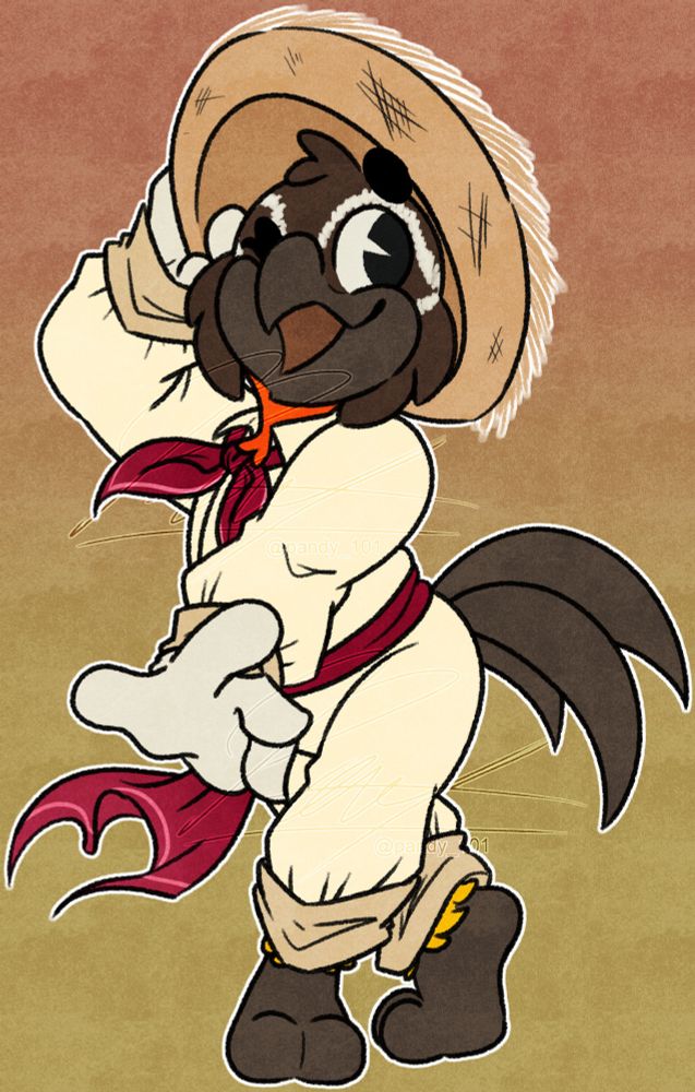 A brown and orange bird dressed in traditional male jibaro clothes.