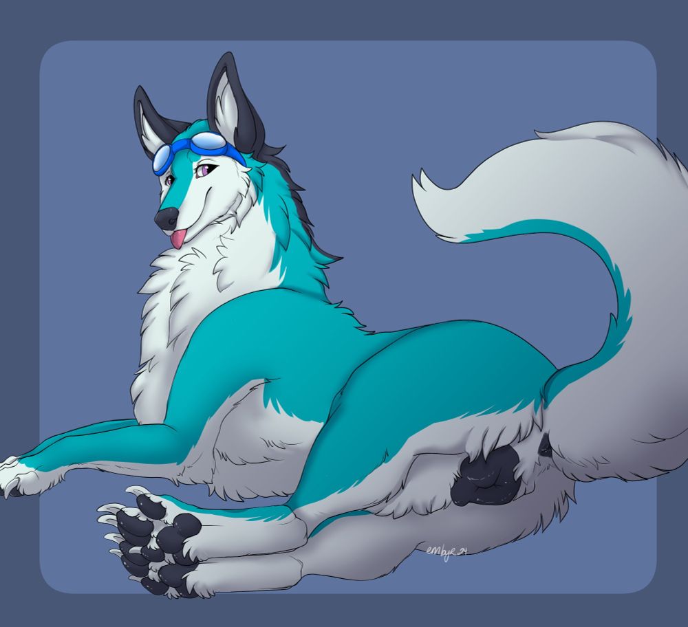 Oceanity's wolf sona, lying on her side with her rear facing the camera showing off her cookie with her tail raised
