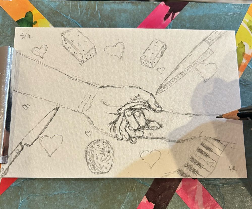 A drawing of a hand holding another hand surrounded by valentine hearts, knives, bricks, a paperweight, and a piano keyboard 