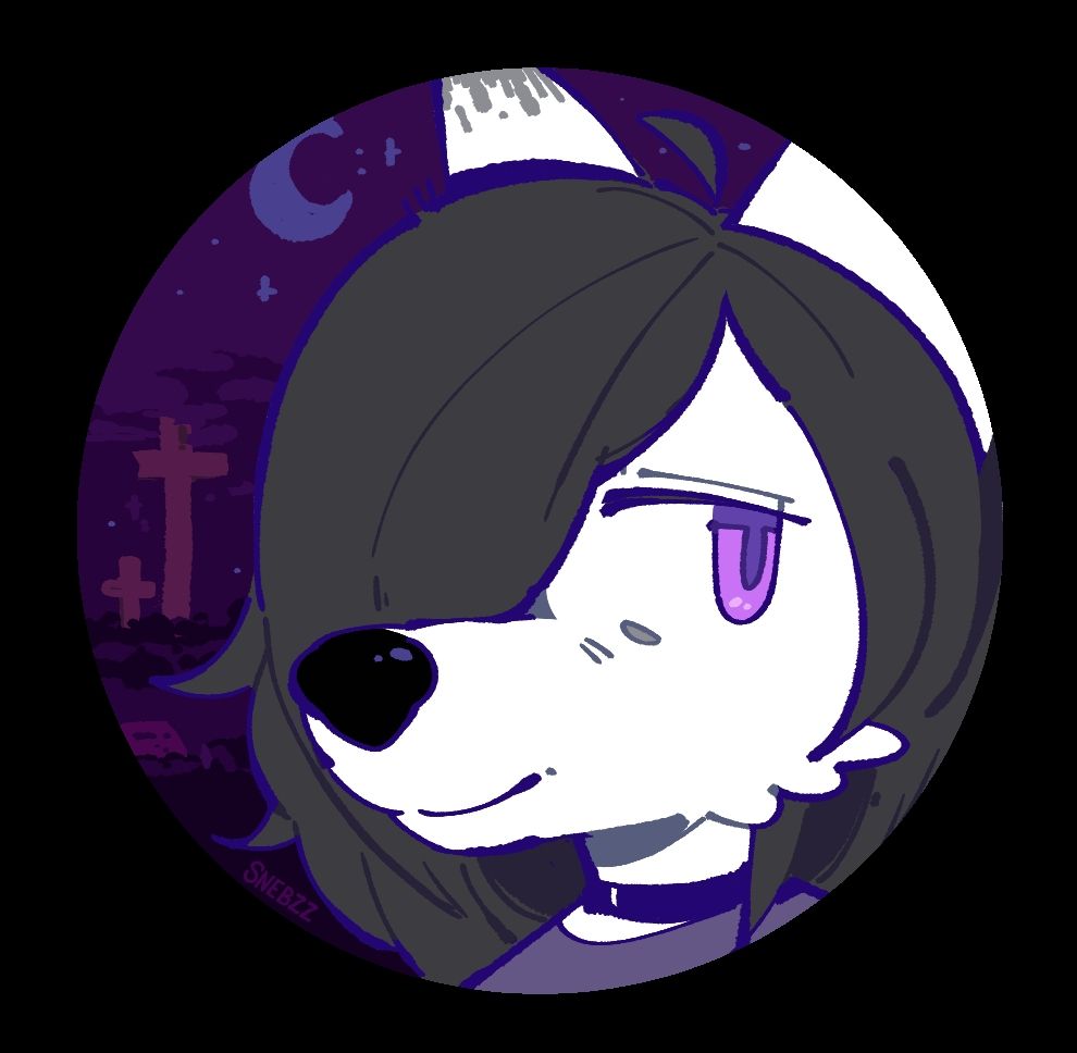 circle icon of a white canine furry, they have black long hair covering one eye in an "emo" hair style. they wear a small shy smile and look of to the side. the background is a purple graveyard with a blue crescent moon.