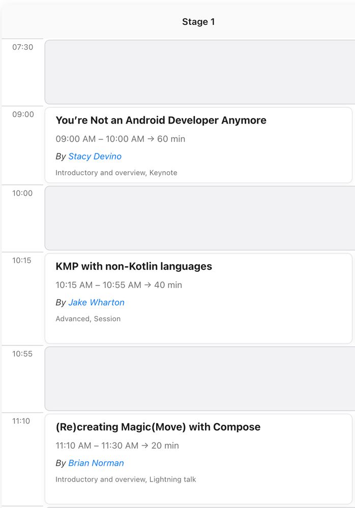 Droidcon NYC schedule for Stage 1 showing the first 3 talks: "You're Not an Android Developer Anymore" by Stacy Devino, "KMP with non-Kotlin languages" by Jake Wharton, and "(Re)creating Magic(Move) with Compose" by Brian Norman.
