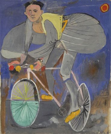 Cyclist dressed up (with traditional Greek costume) and a temple on the right corner