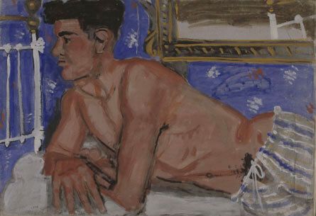 Young man standing like Olympia's statue wearing pajamas