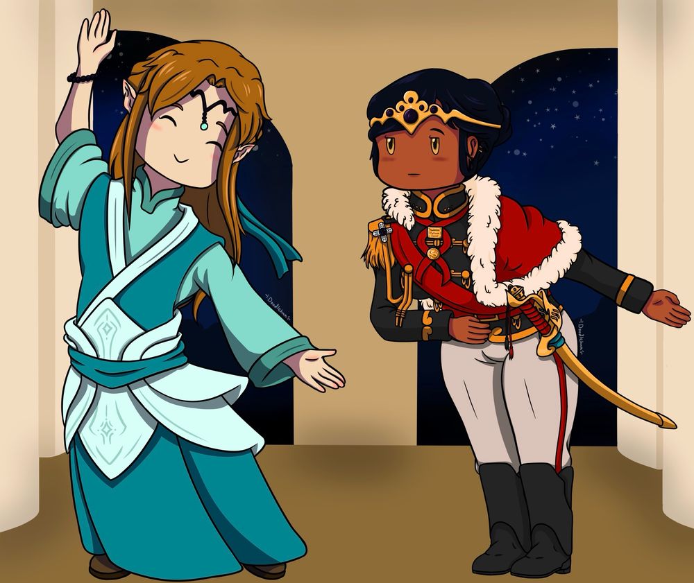 Chibi references for two of my characters, Soini and Anaïs, with a simple starlit background to make it look like they’re dancing together at a ball. 