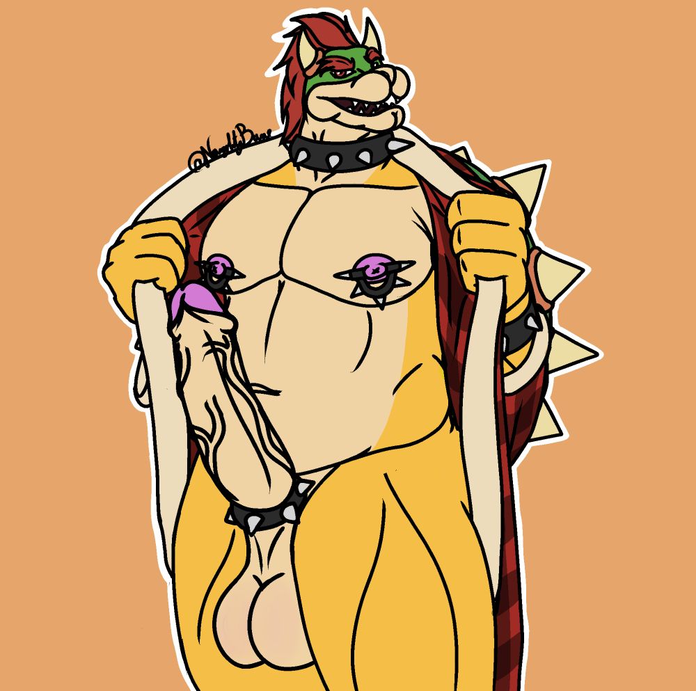 bowser stands in front of the viewer, now only wearing the plaid bathrobe, now showing off his massive, throbbing cock, the base adorned with a spiky dark grey cock ring, making the veins in his cock even more prominent.
