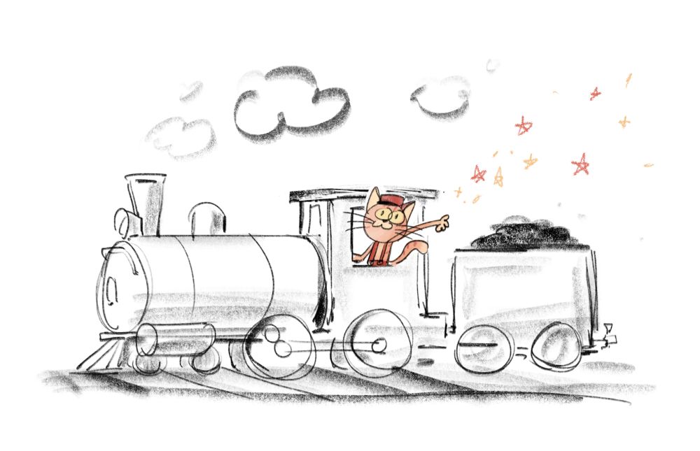 A sketch of a cartoon orange cat wearing overalls and a train conductor hat driving a steam engine. He is tossing sparks from his hand. He is skimbleshanks the railway cat