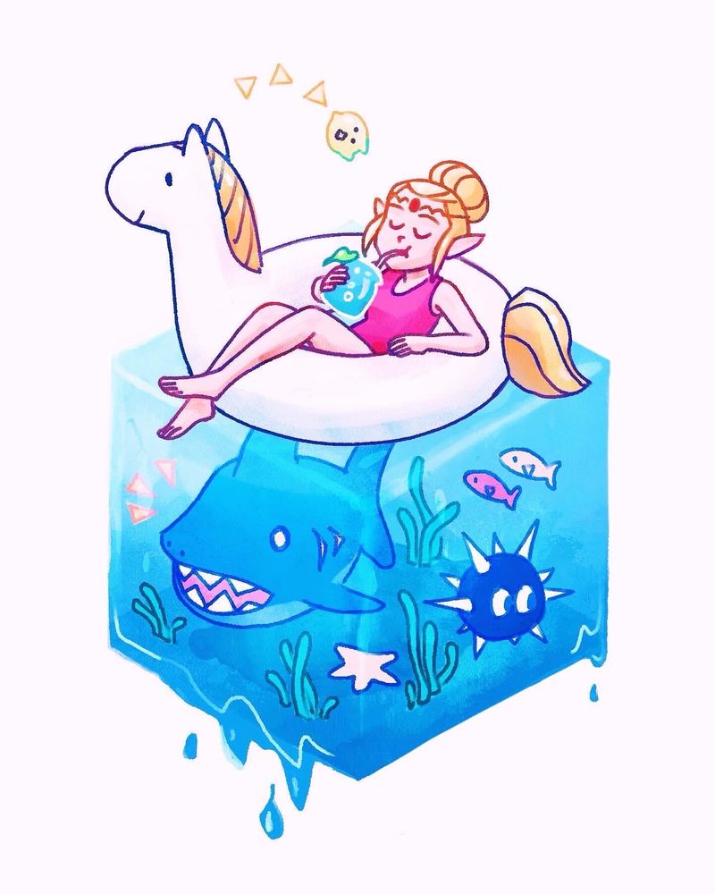 Princess Zelda from the legend of Zelda games is hanging out on a horse-shaped pool floatie drinking a smoothie. The pool floatie sits on top of a cube of water. The cube has sea life, an urchin monster, and a shark monster inside. Zelda is chill tho