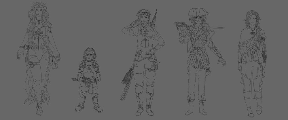  My Slices & Dices Ravenloft:Domains of Dread party. From left to right-

 Muadhnait (Mooy-Naht) 
 Hexblood Spirits Bard/Great Old One Warlock

 Mikmick 
 Reborn Barbarian/Armorer Artificer

 Louisa Potsdam nee’ Wilde
 Human Drunken Monk

 Amnestria “Ria” Wilde
 Eladrin Ghostslayer Blood Hunter/Battlemaster Fighter

 Lady Ginnifer Weathermay Foxgrove
 Eladrin Scribes Wizard/Undead Warlock

 These are each still sketches/lineart and some of the final results will certainly have some variation, thanks!
