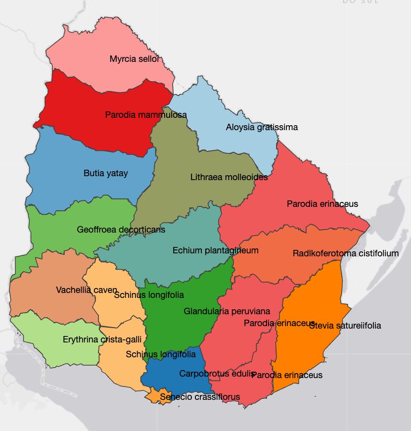 Mapa del Uruguay mostrando el nombre de la especie de planta más registrada por departamento