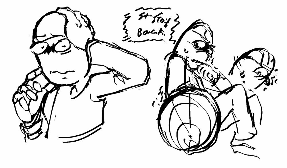 (dnb) multiple doodles of carl being very very scared of something. in the section doodle, he says "St-Stay back" in a shakey voice