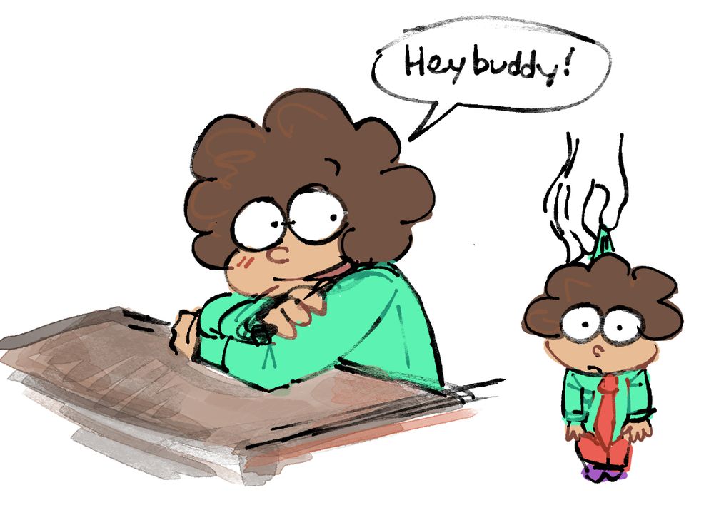 (dnb) two doodles of juan. one depicts him resting his head on the table, looking at the viewer going "Hey buddy!" ahhh his 4th wall power. the second doodle is of a chibi version of him being held up by a hand. kind of labubu shaped. he should sue them 
