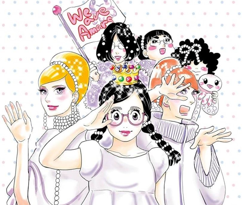 Tsukimi and the other otaku girls dressed in white and pearls