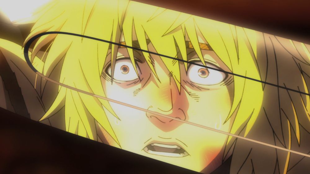 Thorfinn, horrified, sees his reflection in a blade