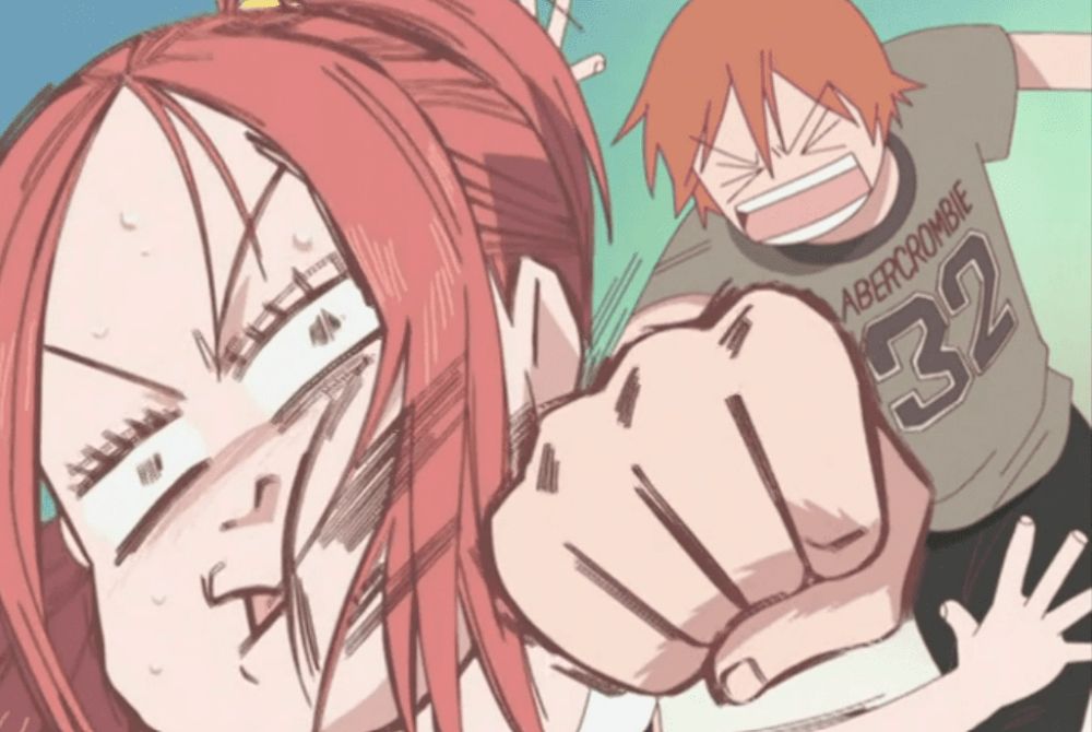 comic freeze frame of Ohtani punching a shocked Risa