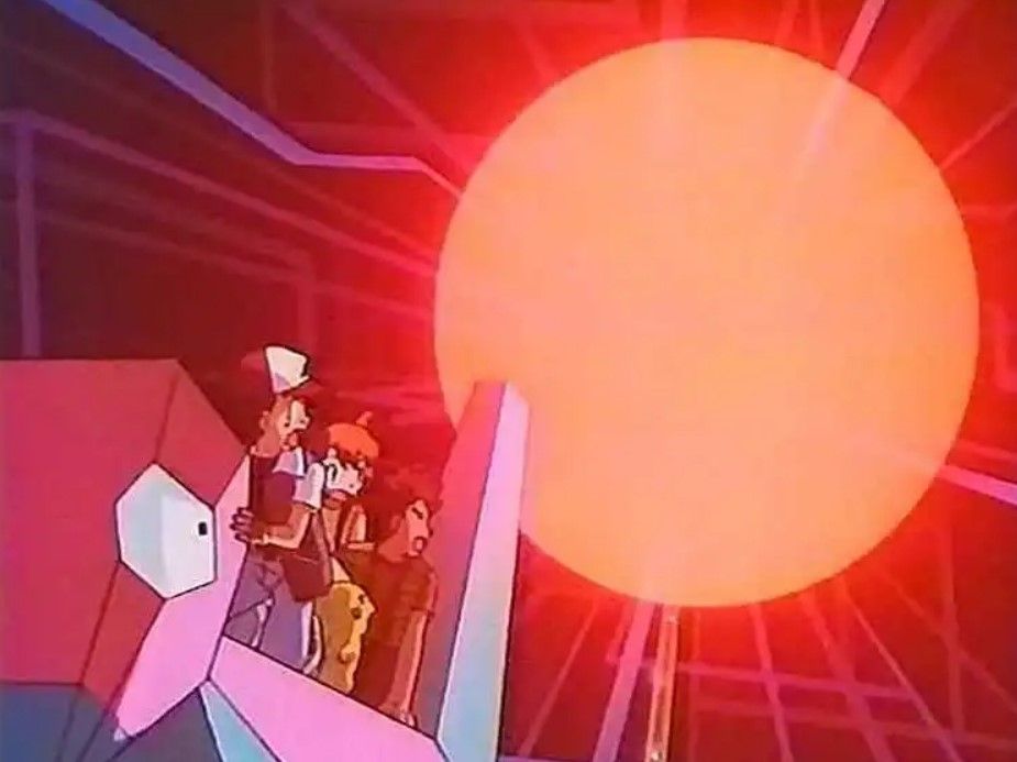 Porygon carrying the kids away from a glowing explosion