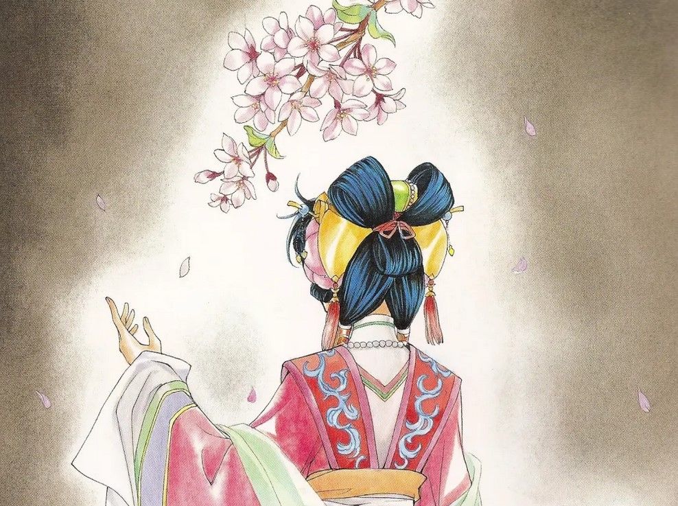 Shurei from behind, reaching toward a flowering branch