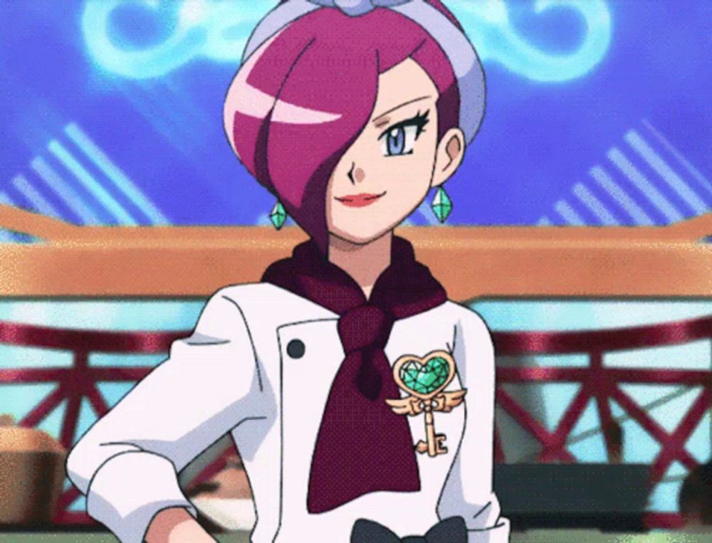 a cartoon character with pink hair and a key pin on her shirt