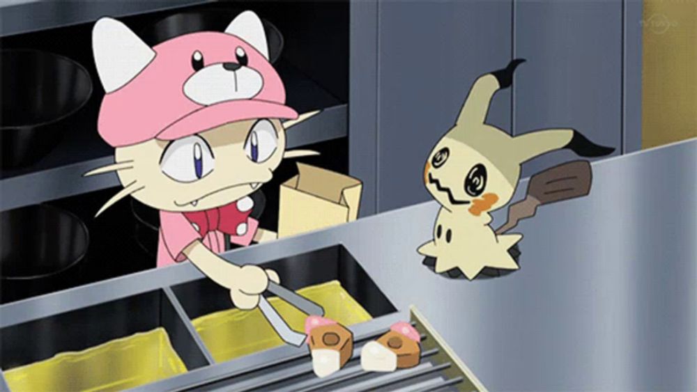 a cat in a pink hat is cooking food next to a smaller animal