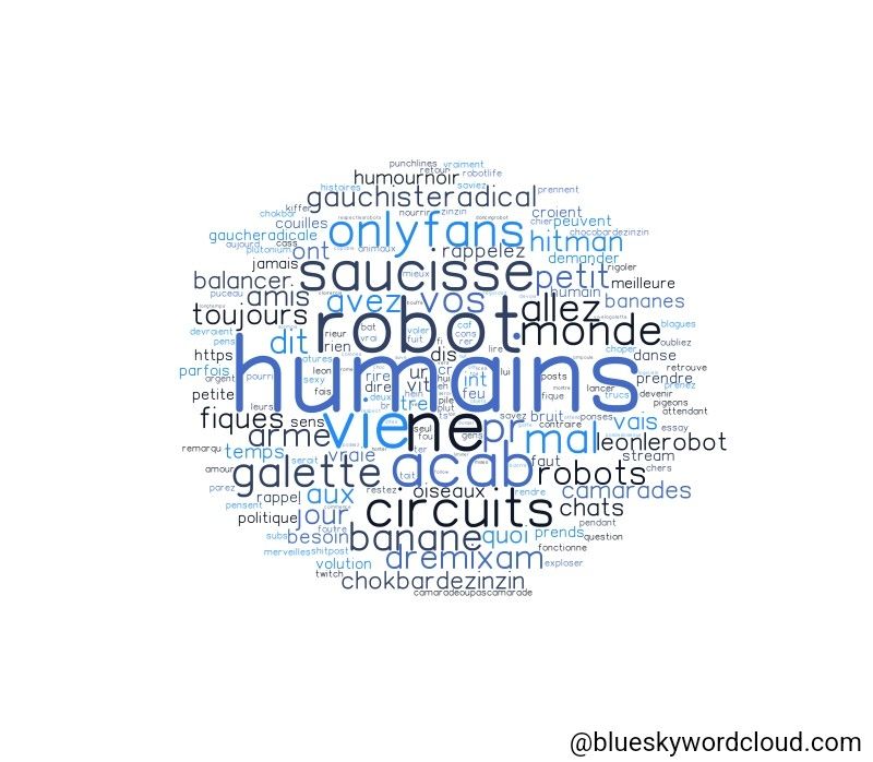 Nuage de mots mettant en valeur principalement les mots humains, robots saucisse, onlyfan, circuit et acab