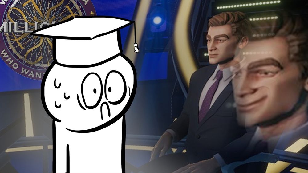 an image of my jellybean guy with a graduation hat, with the host of Who Wants To Be A Millionaire sniveling and sneering at them.