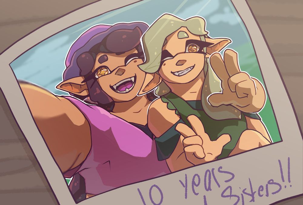 art of the squid sisters from splatoon, they are making V signs and are framed in a polaroid photograph