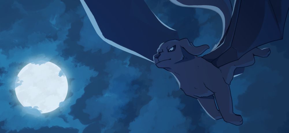 a winged dog flies through the night sky, with the full moon in view