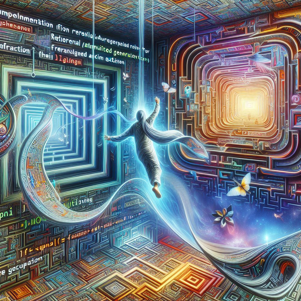 A surreal and chaotic scene of a person falling down the halls of madness, with a digital and futuristic vibe representing the implementation of RAG (Retrieval-Augmented Generation) for a Neovim extension. The halls twist and turn unpredictably, blending reality and code elements, infused with glowing text snippets, lines of code, and AI symbols. The person shows determination and confusion, surrounded by a mix of classical madness imagery and modern technology.