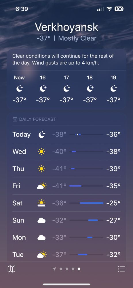 Verkhoyanskban a mai csúcshőmérséklet mínusz 36.