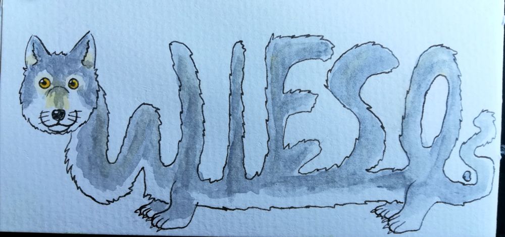 Ein Wolf aus Tusche und Aquarell, dessen Körper das Wort 'Wieso?' formt. Er hat sehr kurze Beine.