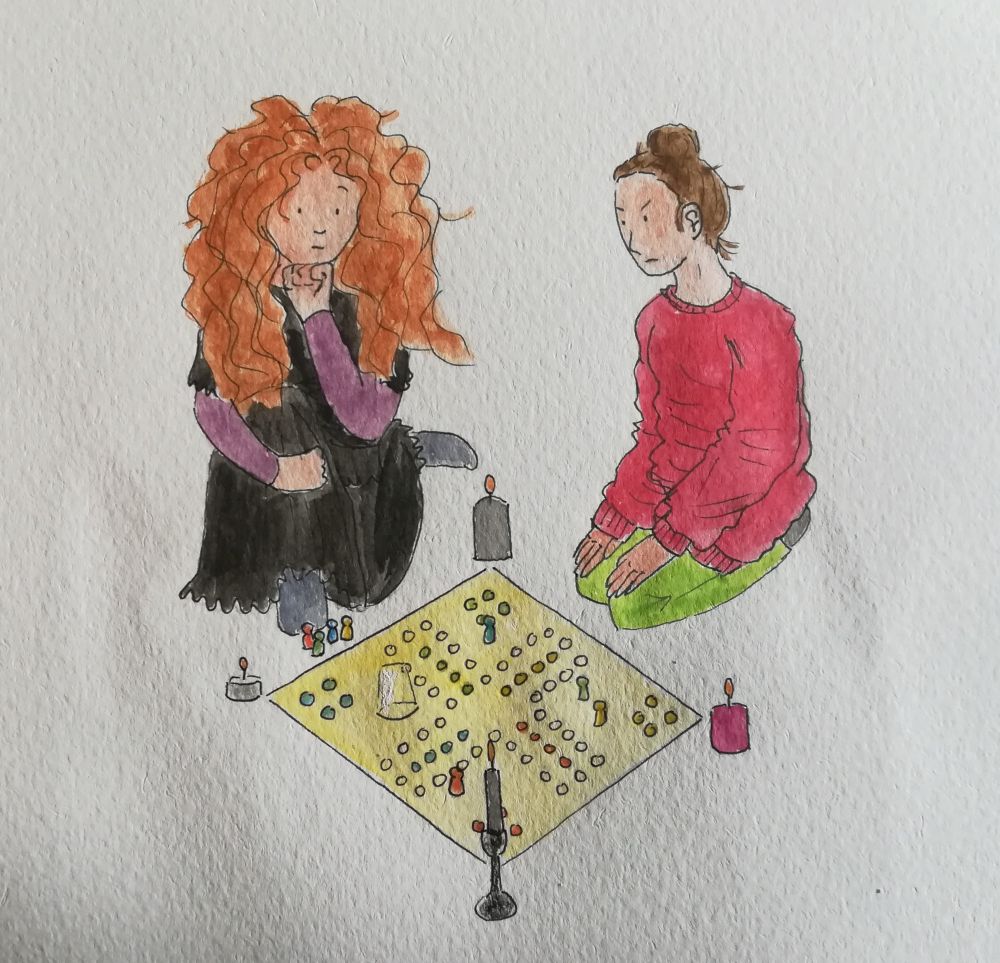 Watercolor drawing of two women in front of a board game. There are 4 candles around the board and an upside down glass on it.