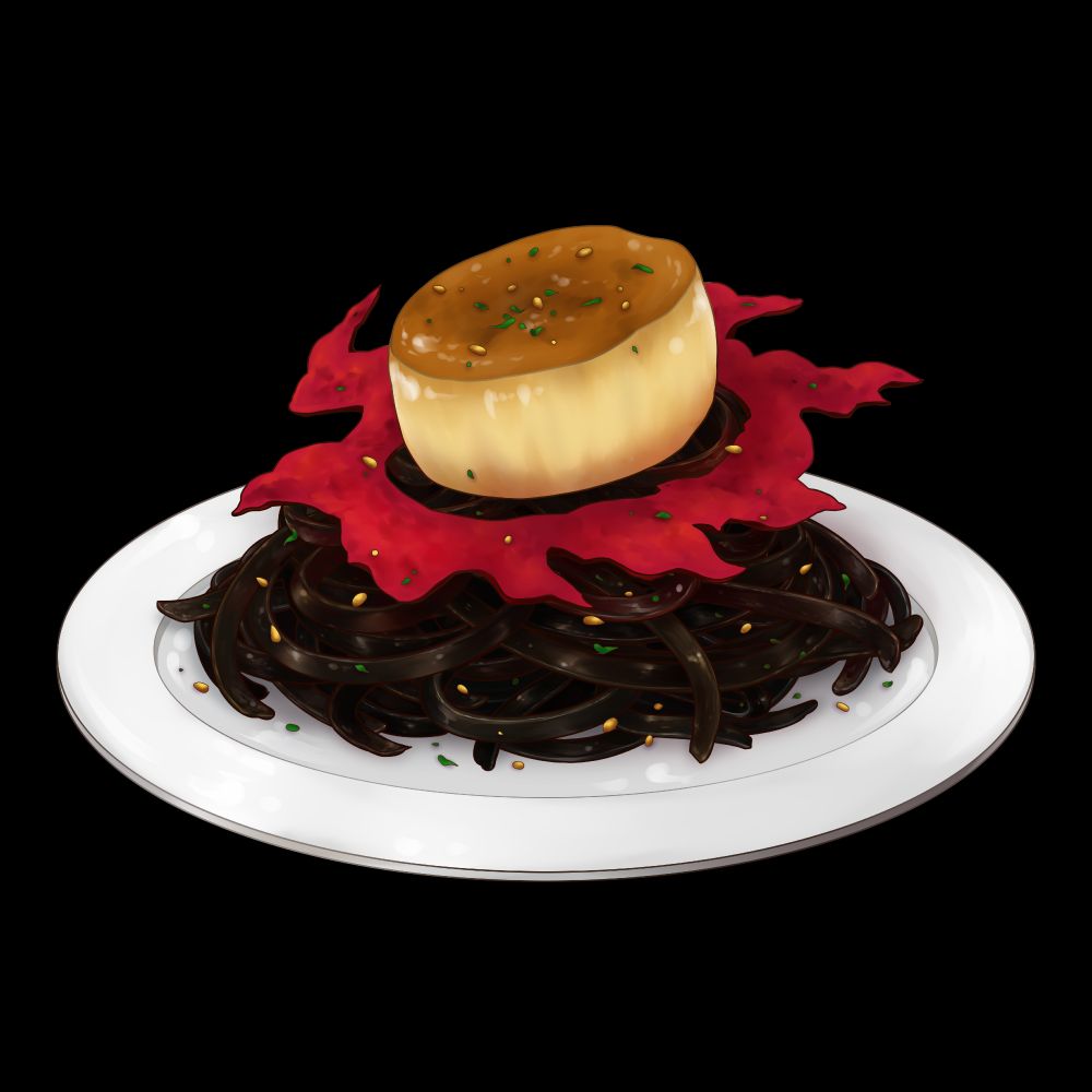 A drawing of black ink squid pasta topped with a scallop and a Dalamud shaped cheese crisp.