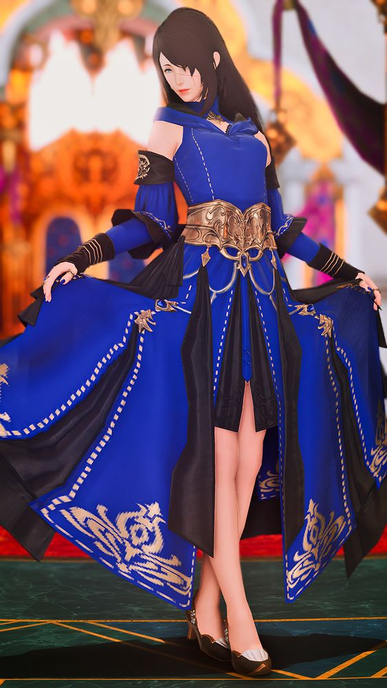 A full-body screenshot of Zanel holding up the sides of her dress. The pose is inspired by a fanart I saw of Gentildonna.