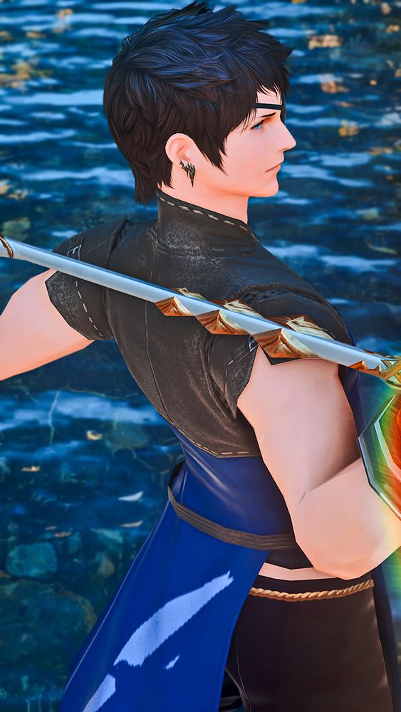 Screenshot of the backside of Zanel as he holds Nirvana over his shoulders.