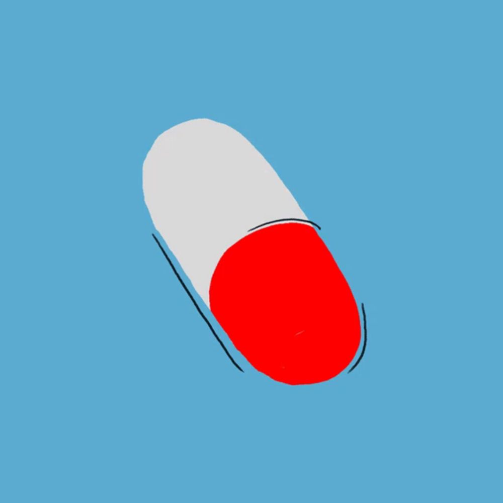 a red and white capsule with a blue background