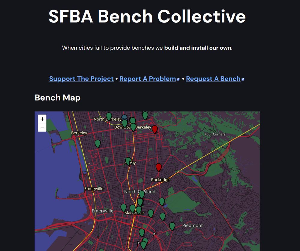 Photo of website: "SFBA Bench Collective; When cities fail to provide benches we build and install our own." Map of benches below
