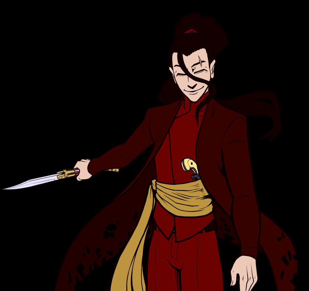 Maroon, from Chromarai. He is a light skinned man of ambiguous nationality with long dark brown hair up in a ponytail. His eyes are shut and he is smiling slightly. He has a small scar on his left eyebrow. He is wearing a long maroon coat with holes in the hem of it, a dark red high neck sleeveless smart top and suit pants. He has a golden yellow sash around his waist that is holding a derringer with an ivory grip and he is holding a navaja sword.