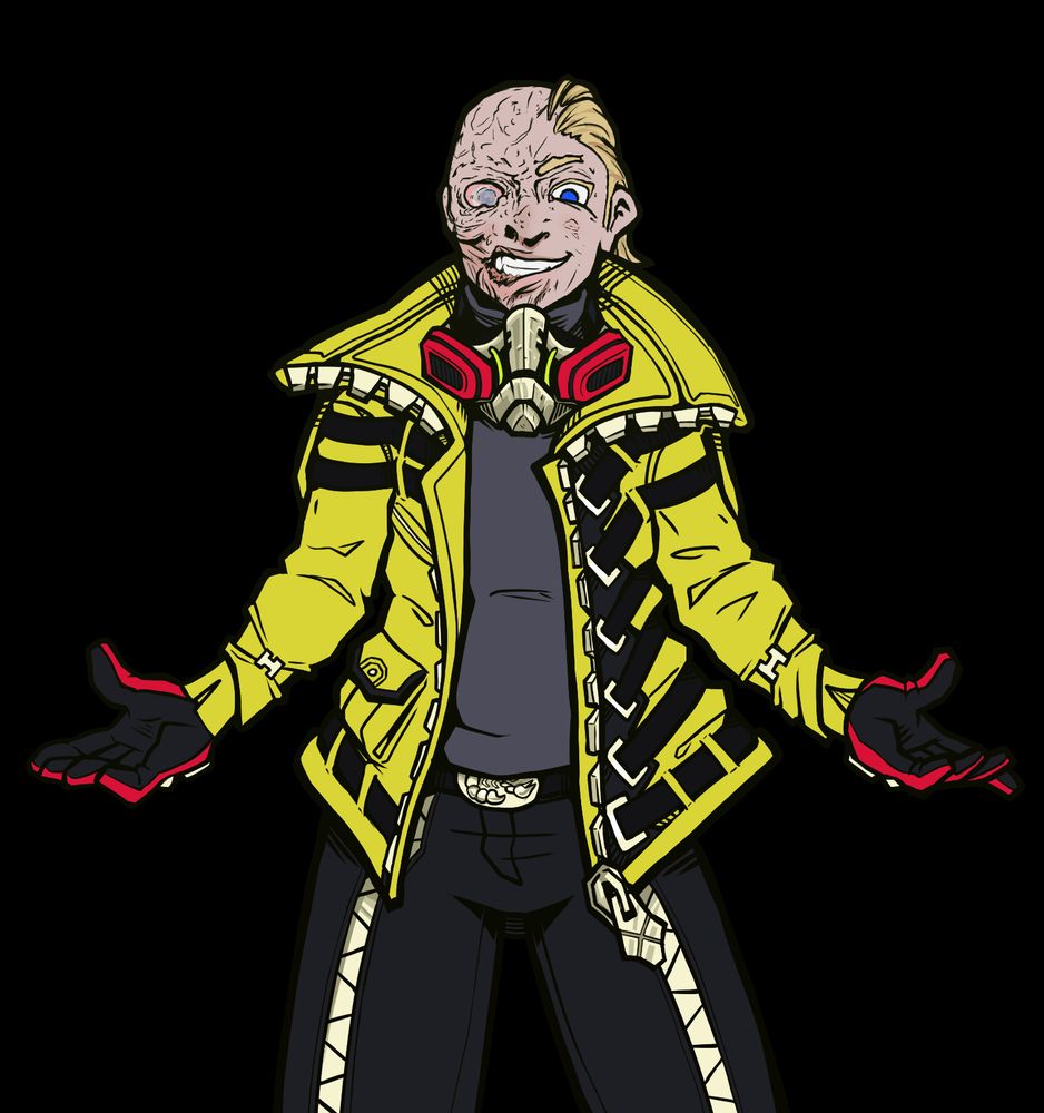 Tox from Chromarai. (They use any pronouns). He is white skinned has blonde hair, blue eyes, and severe acid burns on one half of his face. Their hair is slicked back. She is wearing Leather pants with zips going down each leg, a belt with a big scorpion design on the buckle, a grey turtleneck sweater, red and black motorcycling gloves, and a bright neon yellow jacket with a large zipper and many black belts that asymmetrically decorate it. Her mask is a metallic air filter mask with red filters. The mask is pulled down around the neck to reveal more of their severa burn scars.