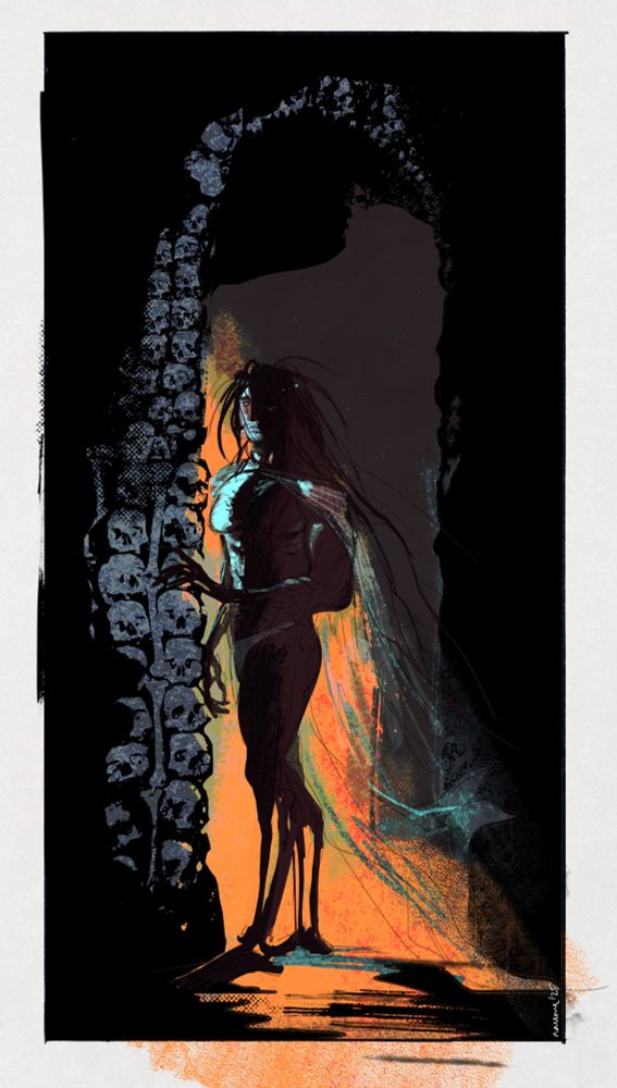 a sexy lich king baddie standing in the light of a skull gate