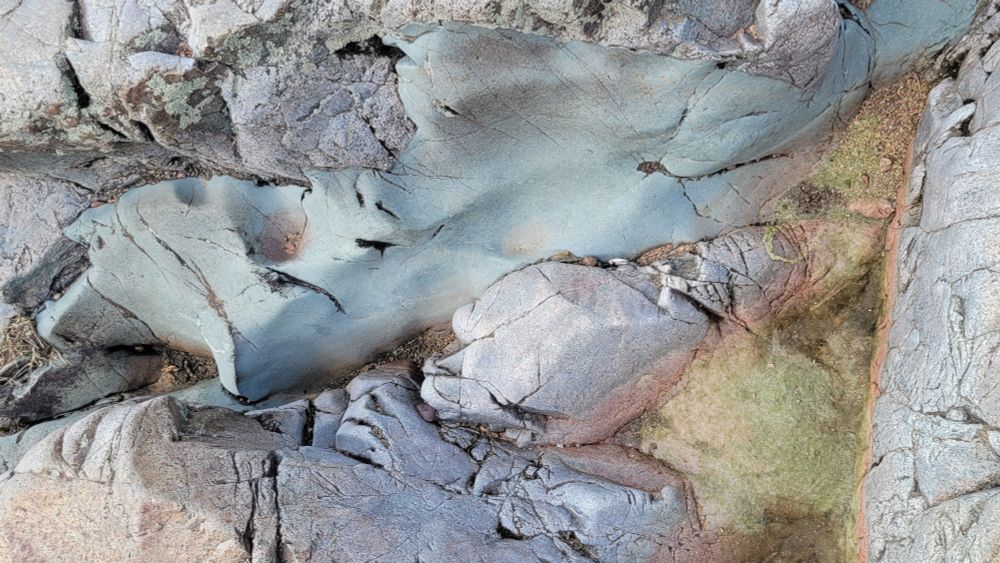 A stream-abraded fine-grained rock with a greenish tinge, surrounded by rocks that are also abraded but with slightly rougher surfaces.