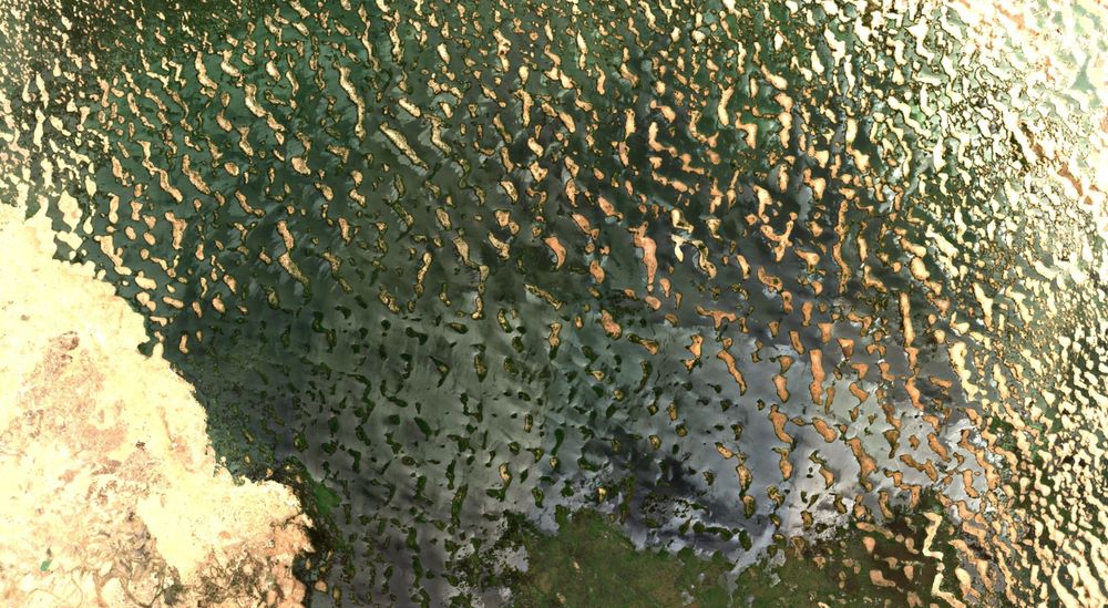 Image showing a large area of open water and wetlands with hundreds of bare sand dunes rising above the water or wetland surface.