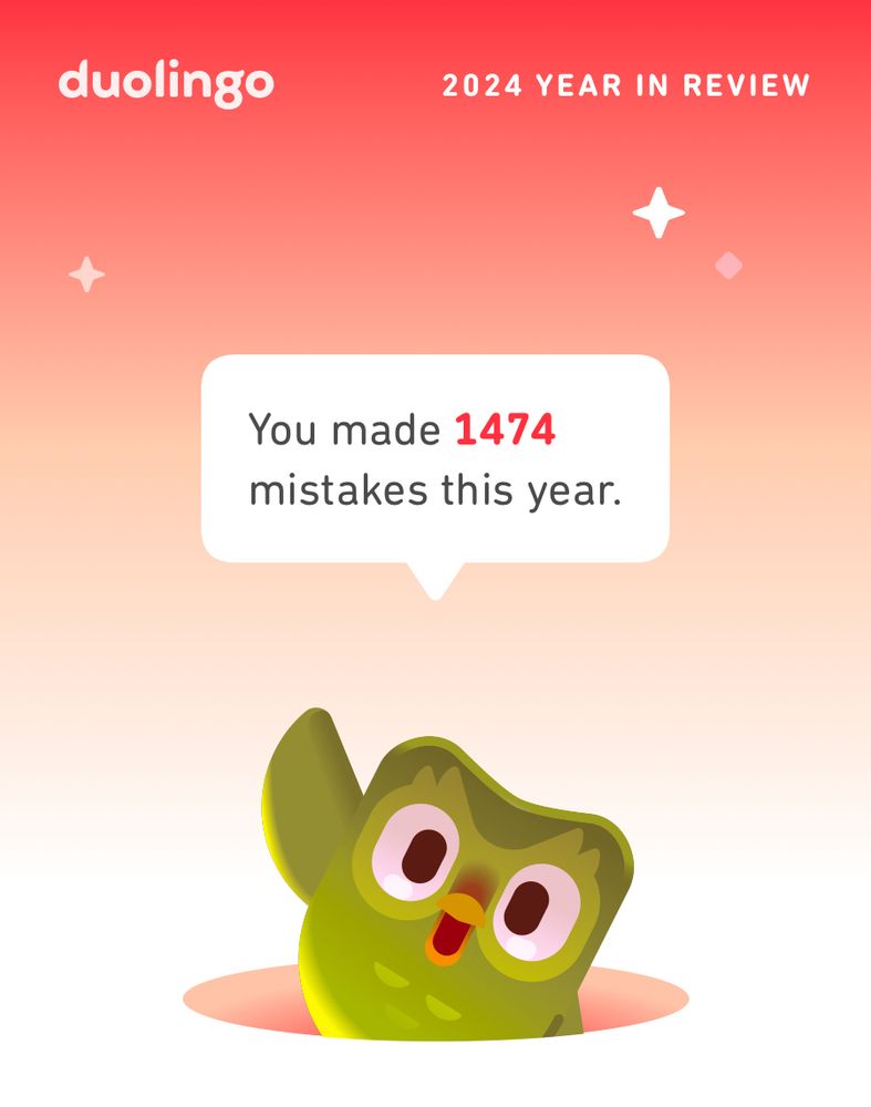 The Duolingo owl telling me I 
made 1474 mistakes this year.