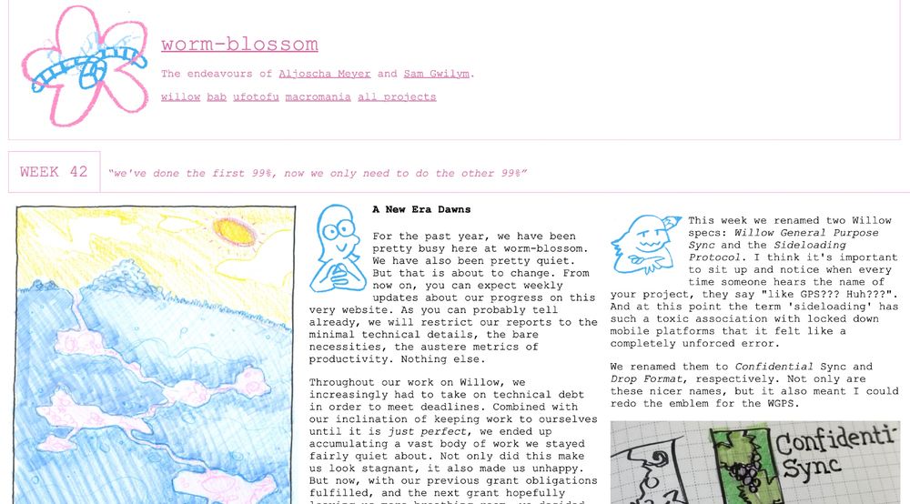 A screenshot of worm-blossom.org’s week 42 entry. It has a header with a squiggly flower + worm motif, a comic, and editorials with illustrations of the authors. There is a photo too. This is all in a multi-column layout and it looks pretty rambunctious.